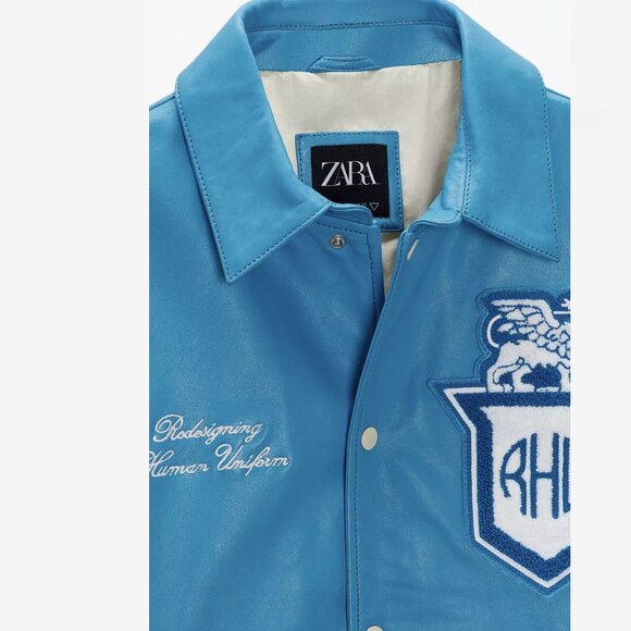 Zara X Rhuigi Leather Varsity Bomber Jacket Blue White NWT - Picture 9 of 13